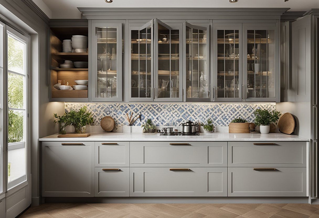 The kitchen cupboard doors feature various designs, including sleek modern styles, classic shaker patterns, and ornate traditional motifs