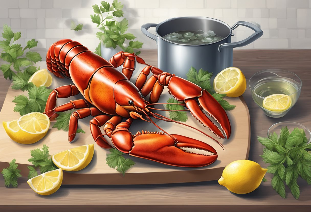 A live lobster sits on a cutting board next to a pot of boiling water, surrounded by fresh herbs and lemons