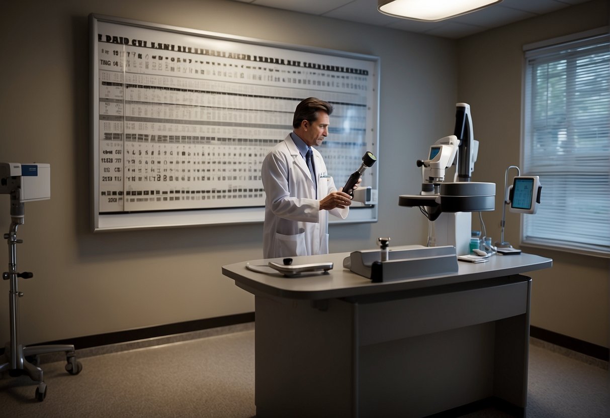 A doctor examines a patient's eyes with a tonometer. An eye chart hangs on the wall. Instruments and tools are laid out on a nearby table