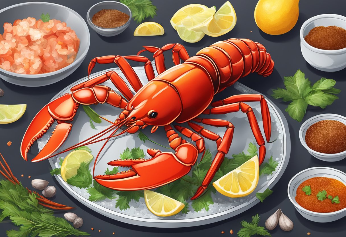 A live lobster is being prepared in a Singapore-style recipe, with aromatic spices and vibrant ingredients surrounding it