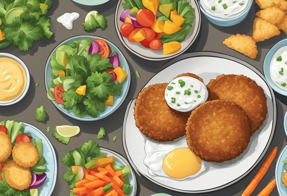 A plate of golden brown fish cakes surrounded by colorful, fresh vegetables and a dollop of tangy tartar sauce