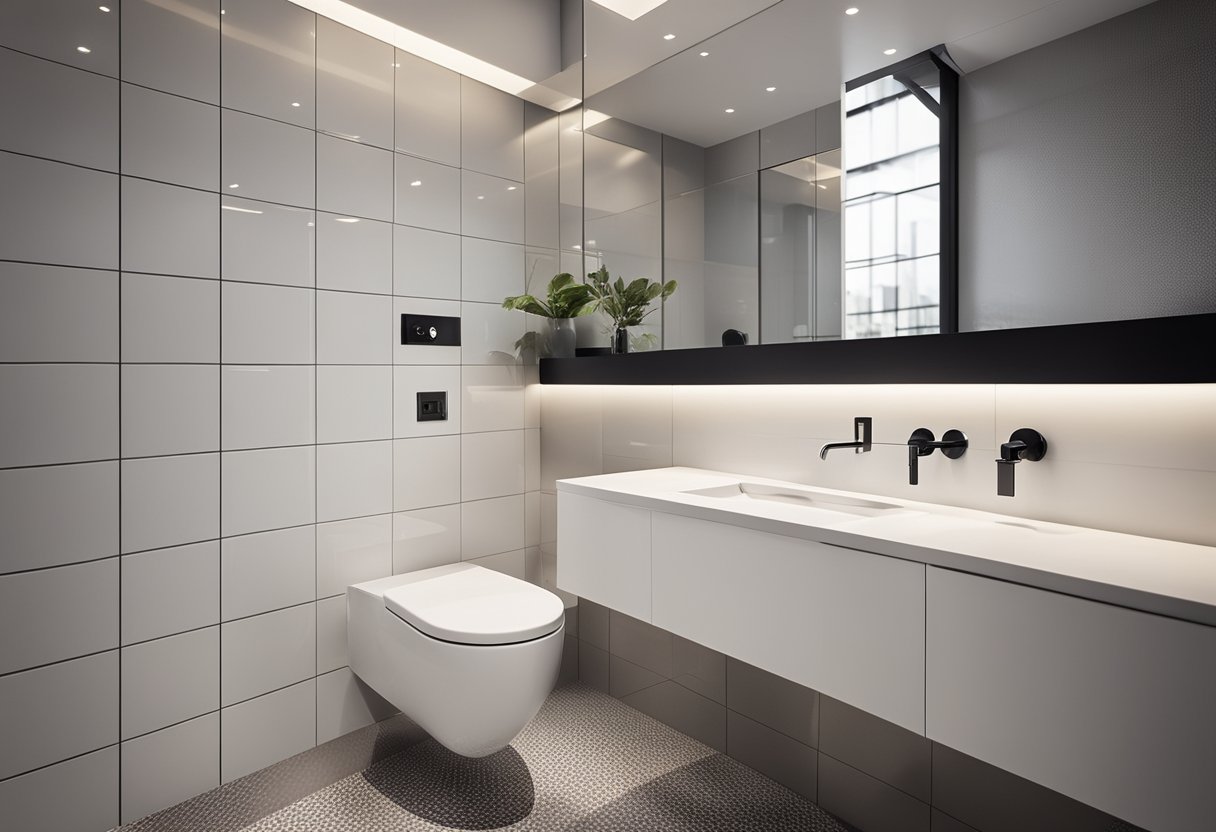A sleek, minimalist toilet room with geometric tiles, a floating toilet, and a wall-mounted sink. The space is bright with natural light and features contemporary fixtures and clean lines