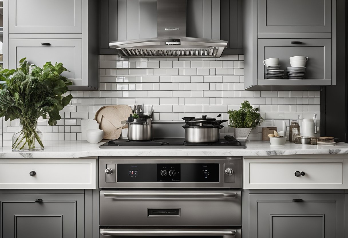 A modern kitchen with sleek, white subway tiles arranged in a herringbone pattern, accented by a bold, geometric backsplash in black and white