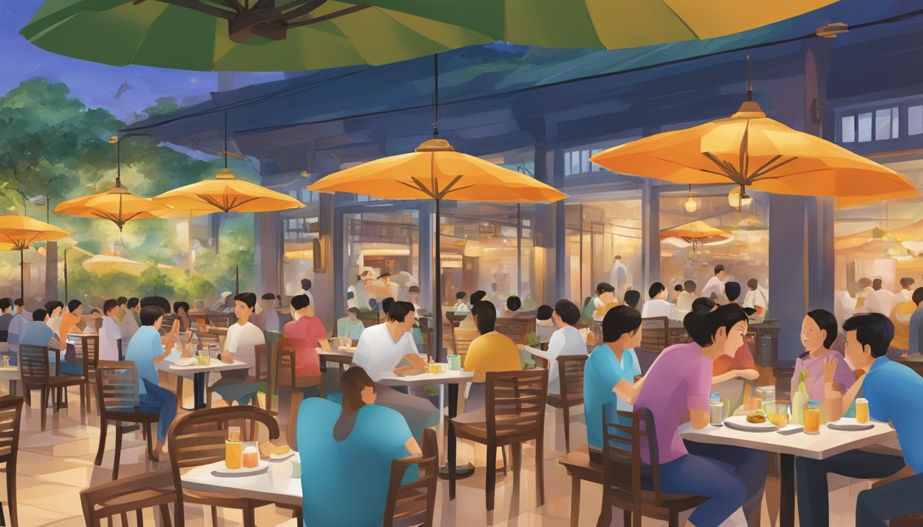 The bustling Changi Village restaurant features outdoor seating, colorful umbrellas, and a variety of cuisines on display. Customers enjoy their meals amidst the lively atmosphere