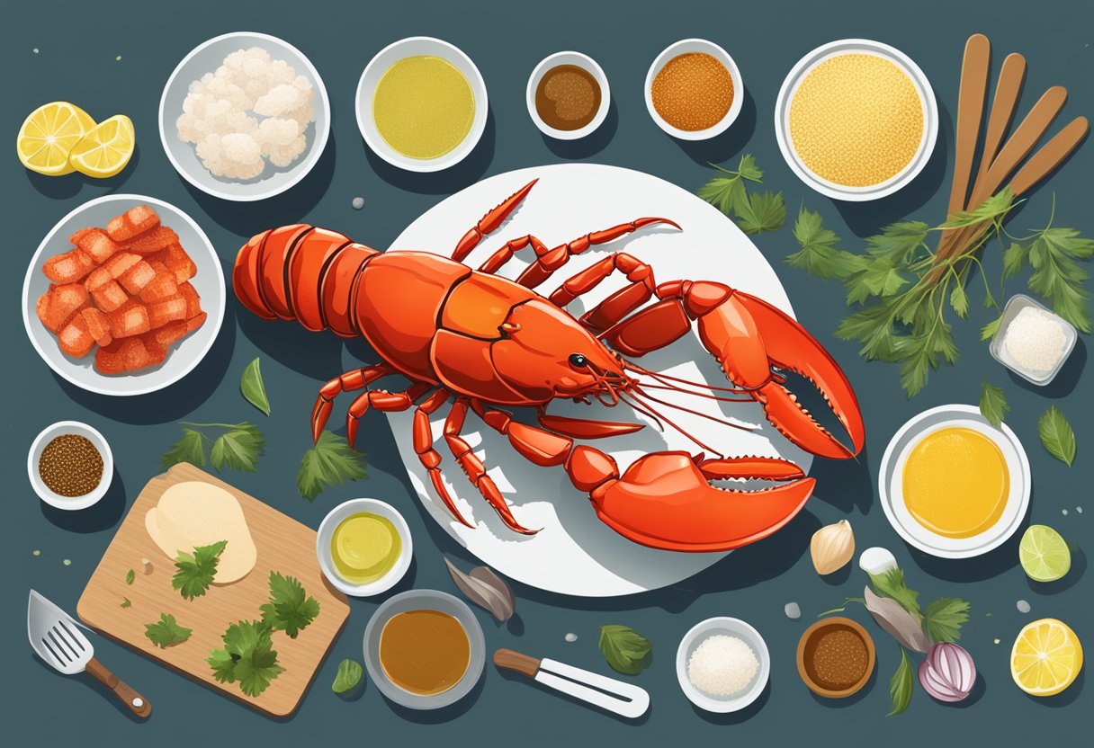 A live lobster being prepared for a Singapore recipe, surrounded by ingredients and cooking utensils