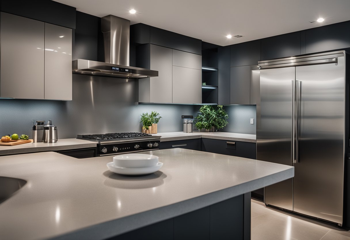 A modern cement kitchen with sleek countertops, minimalist cabinetry, and stainless steel appliances