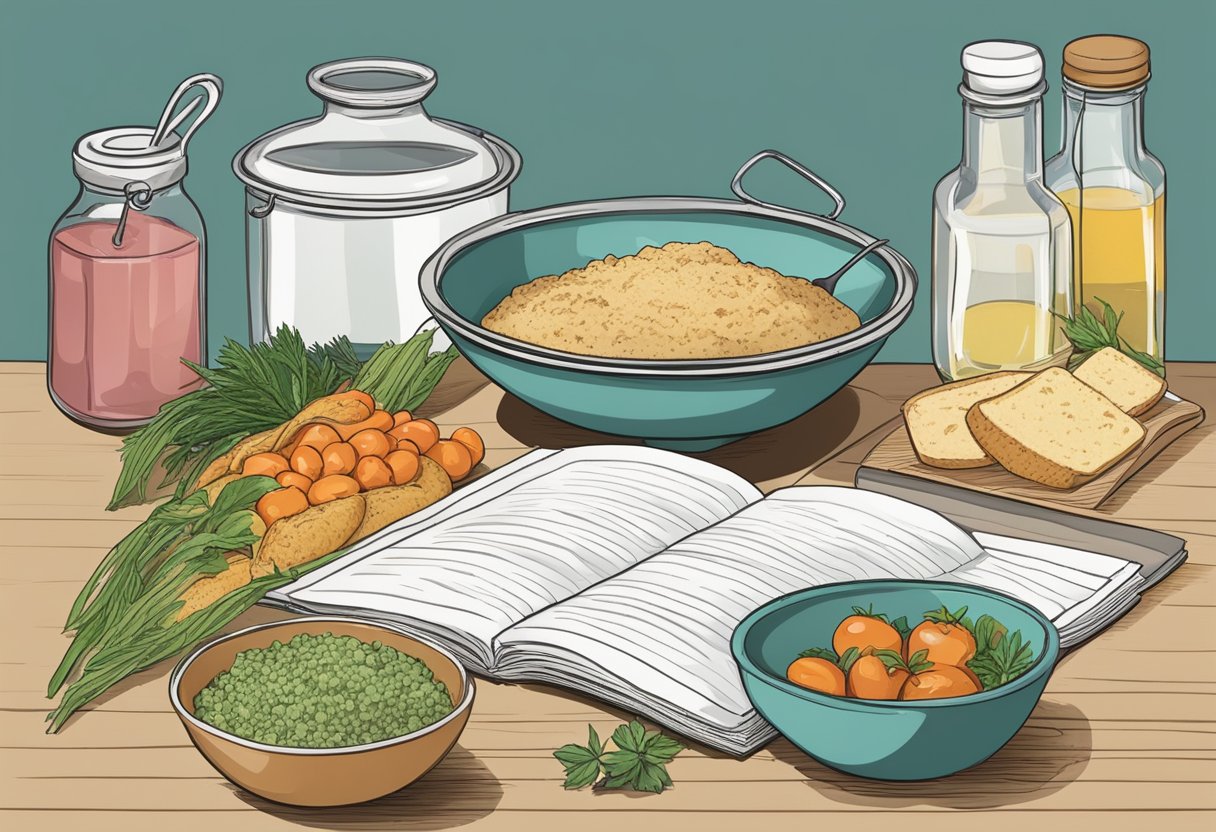 A table with ingredients, a mixing bowl, and a recipe book open to the "Frequently Asked Questions fish cake recipe."