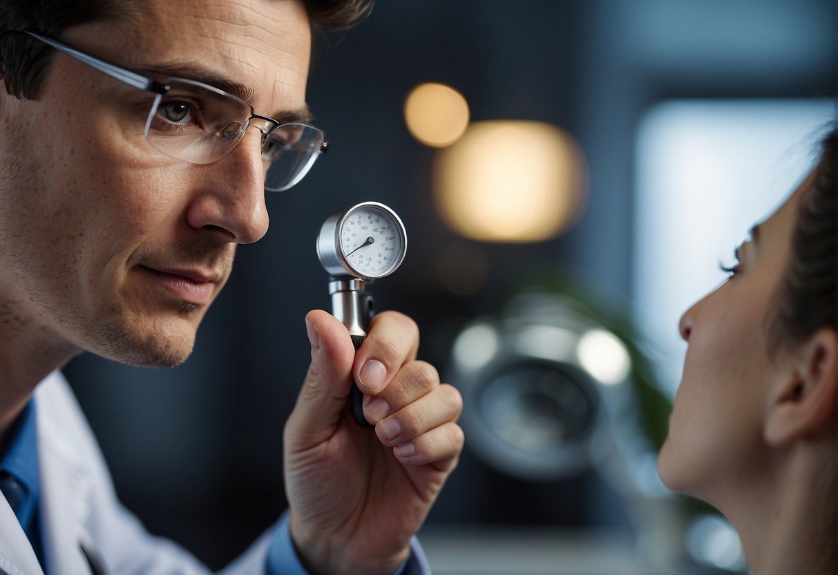 A doctor examines a patient's eye pressure with a tonometer