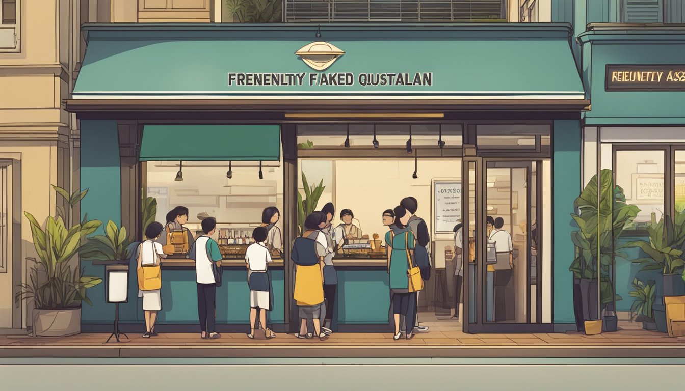Customers lining up outside Nalan restaurant in Singapore, with a sign displaying "Frequently Asked Questions" prominently displayed
