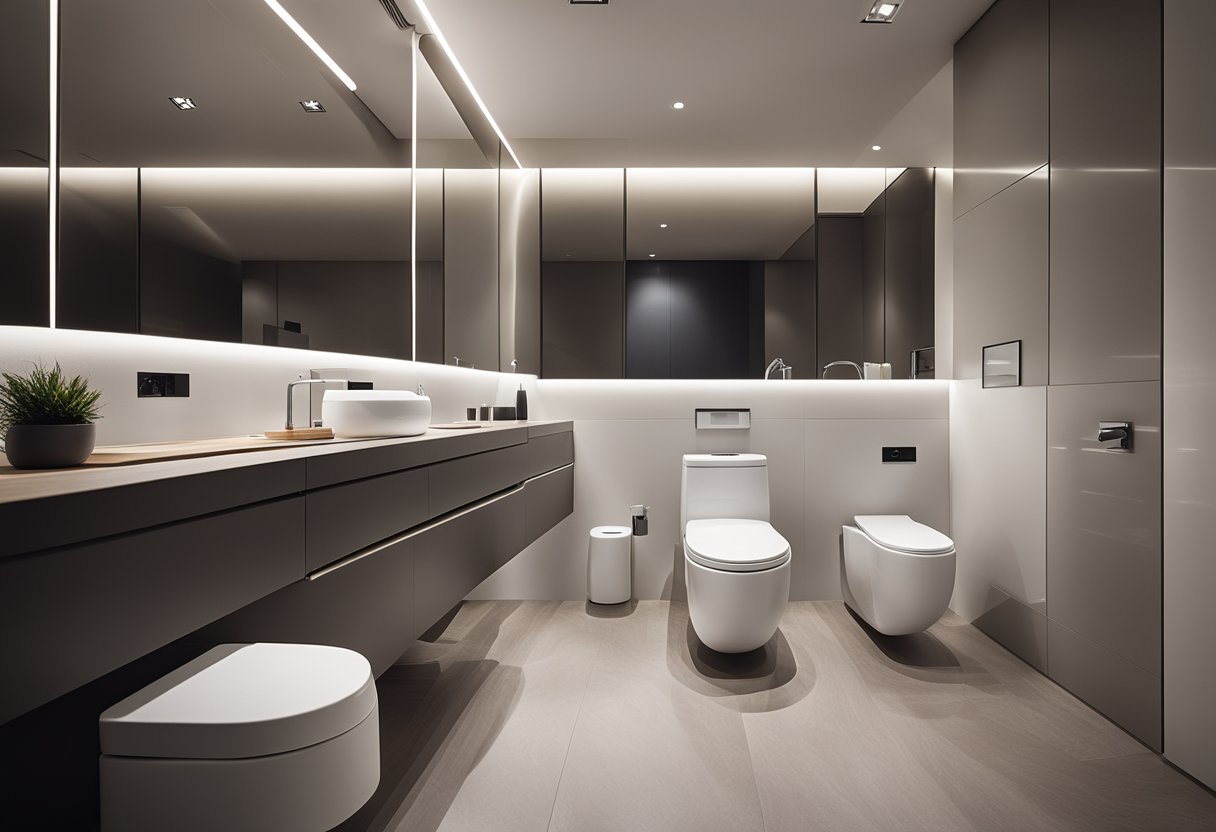 A sleek, minimalist toilet room with clean lines, floating fixtures, and high-tech features