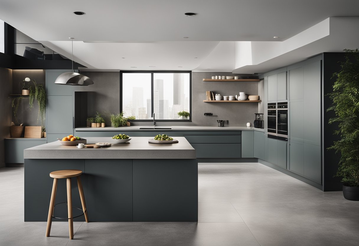 A modern kitchen with cement countertops and sleek design, featuring clean lines and minimalist aesthetics