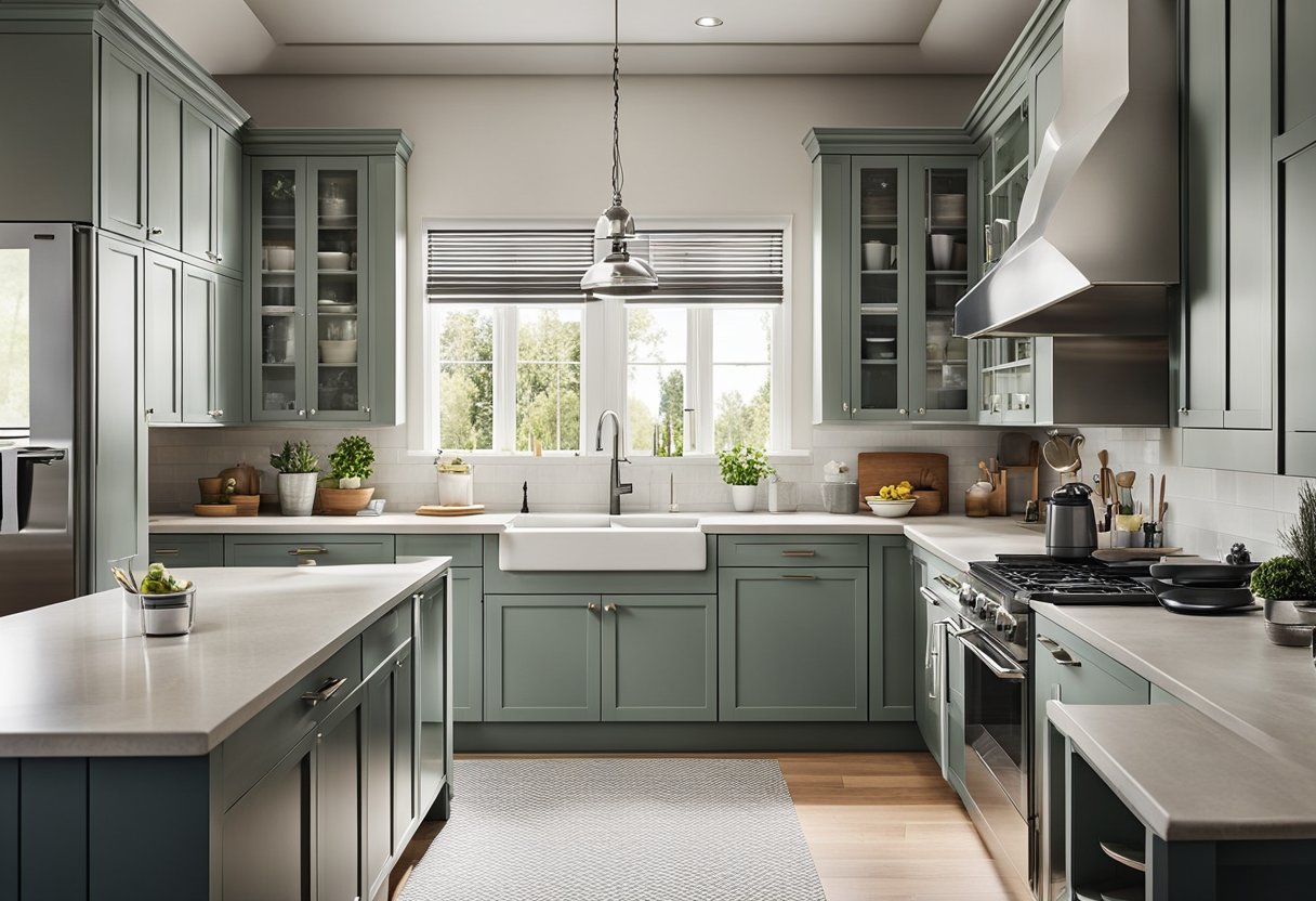 A kitchen with empty cabinets, new appliances, and a fresh coat of paint. Blueprints and design sketches scattered on the countertop