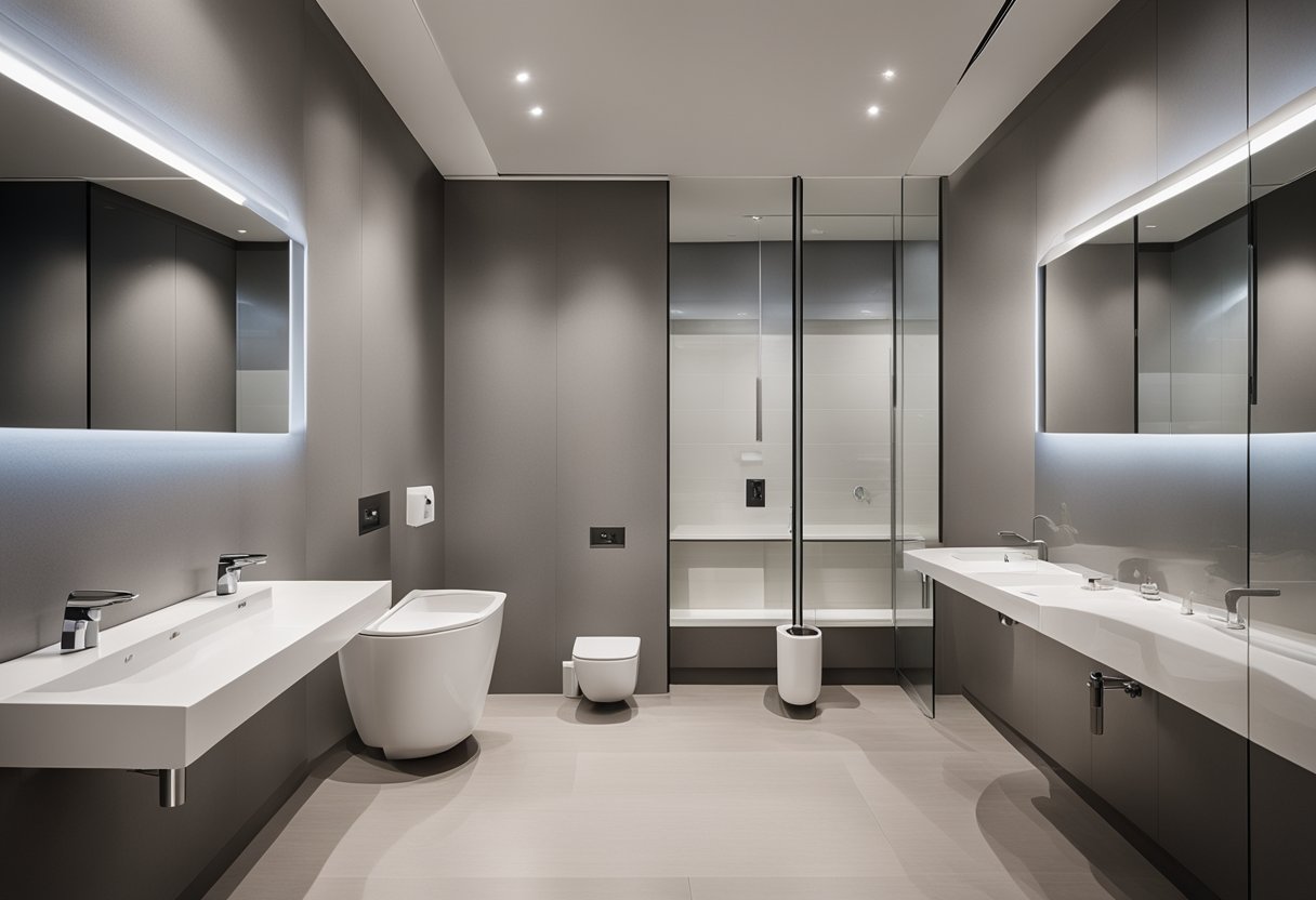 A spacious, well-lit toilet room with sleek fixtures, ample storage, and easy-to-clean surfaces