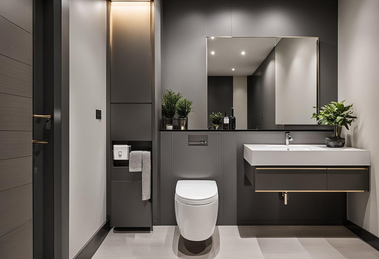 A sleek, minimalistic toilet room with clean lines, a wall-mounted toilet, and a floating vanity. The space is well-lit with recessed lighting and features a neutral color palette with pops of metallic accents