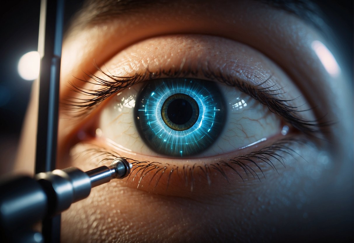 A pair of eyes surrounded by a glowing aura, with a measuring tool checking for pressure, and a banner with "Prevention and Awareness Glaucoma" in the background