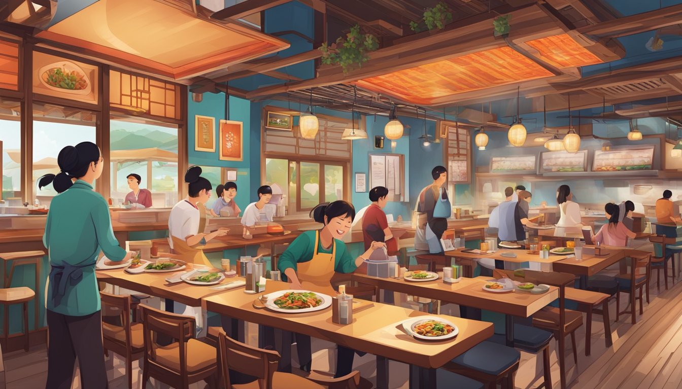 A bustling Korean restaurant with sizzling grills and colorful dishes on tables. Customers chat and laugh, while the aroma of spicy and savory flavors fills the air