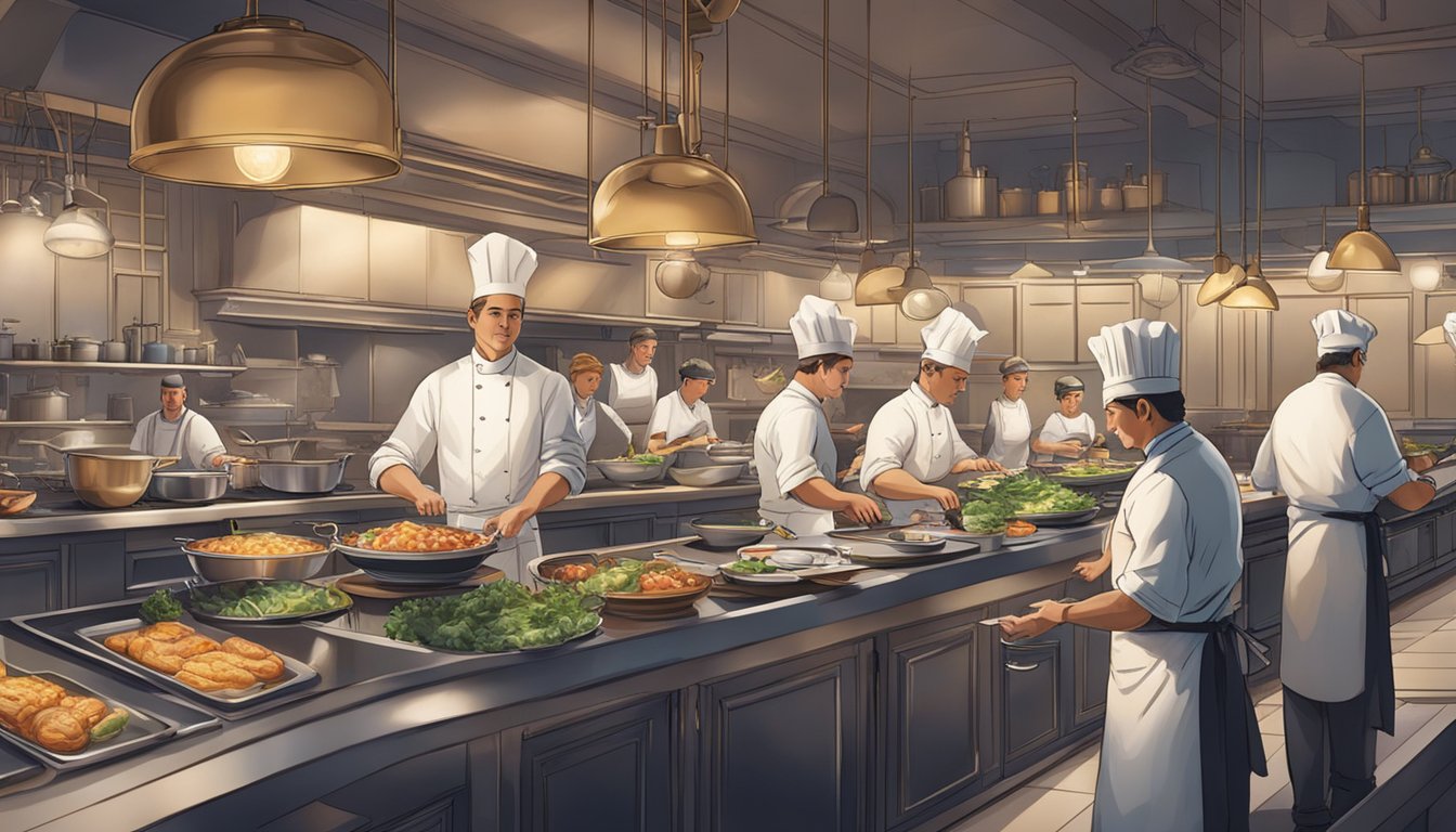 A bustling kitchen with chefs cooking, plating, and garnishing dishes. Diners enjoy their meals at elegant tables with dim lighting and soft music