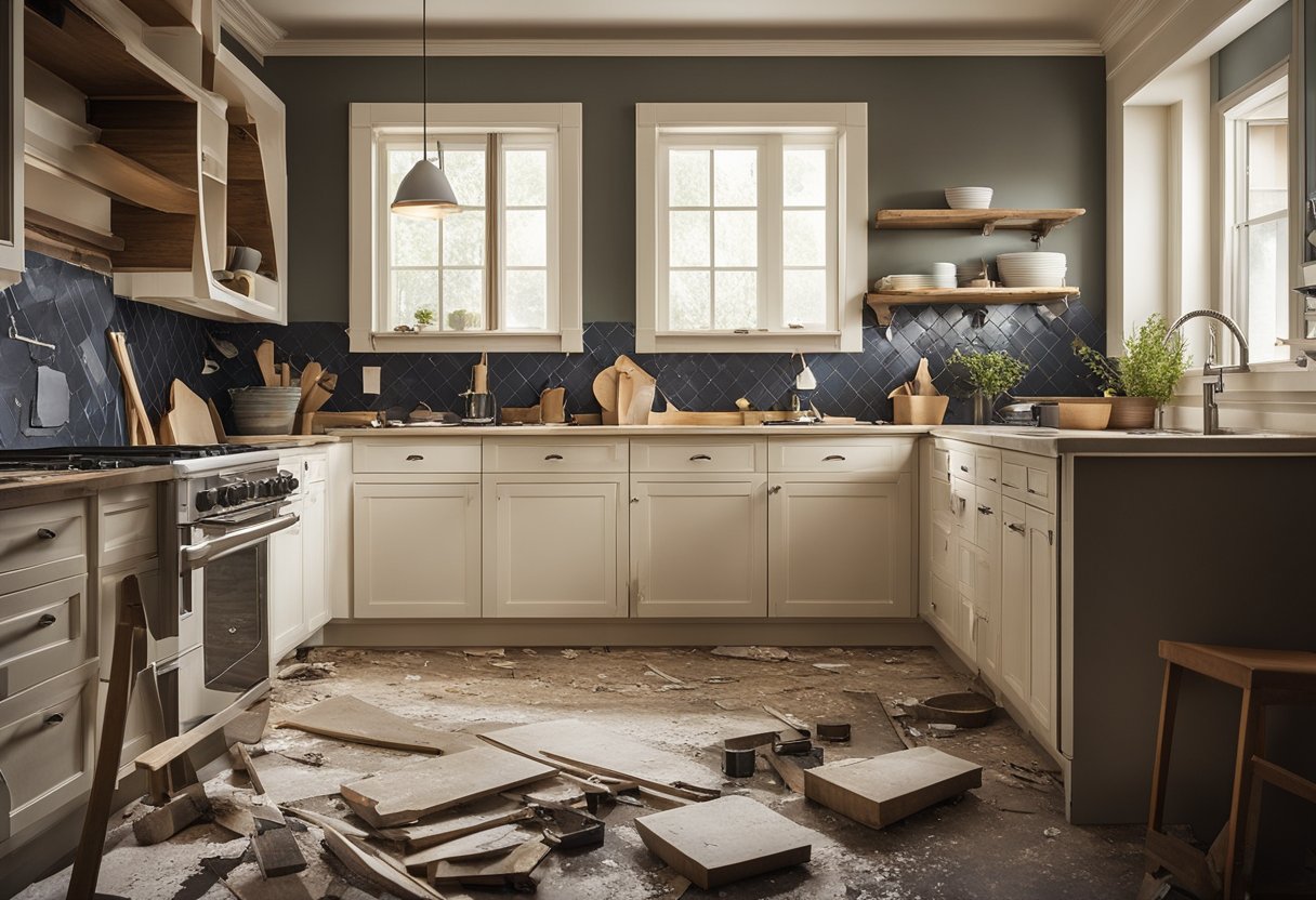 A kitchen being renovated: tools scattered, cabinets dismantled, floor ripped up, and walls being painted