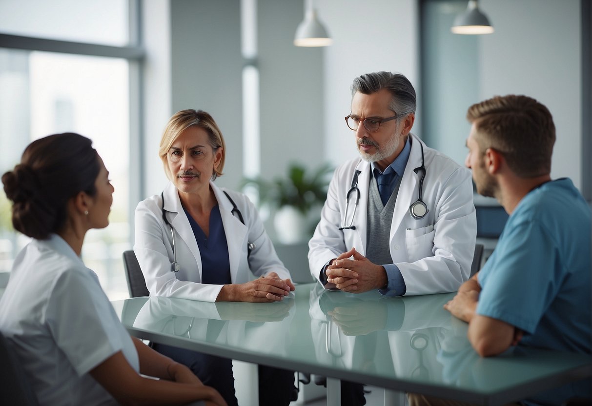 A doctor explaining glaucoma to a group of attentive patients in a well-lit, modern clinic setting