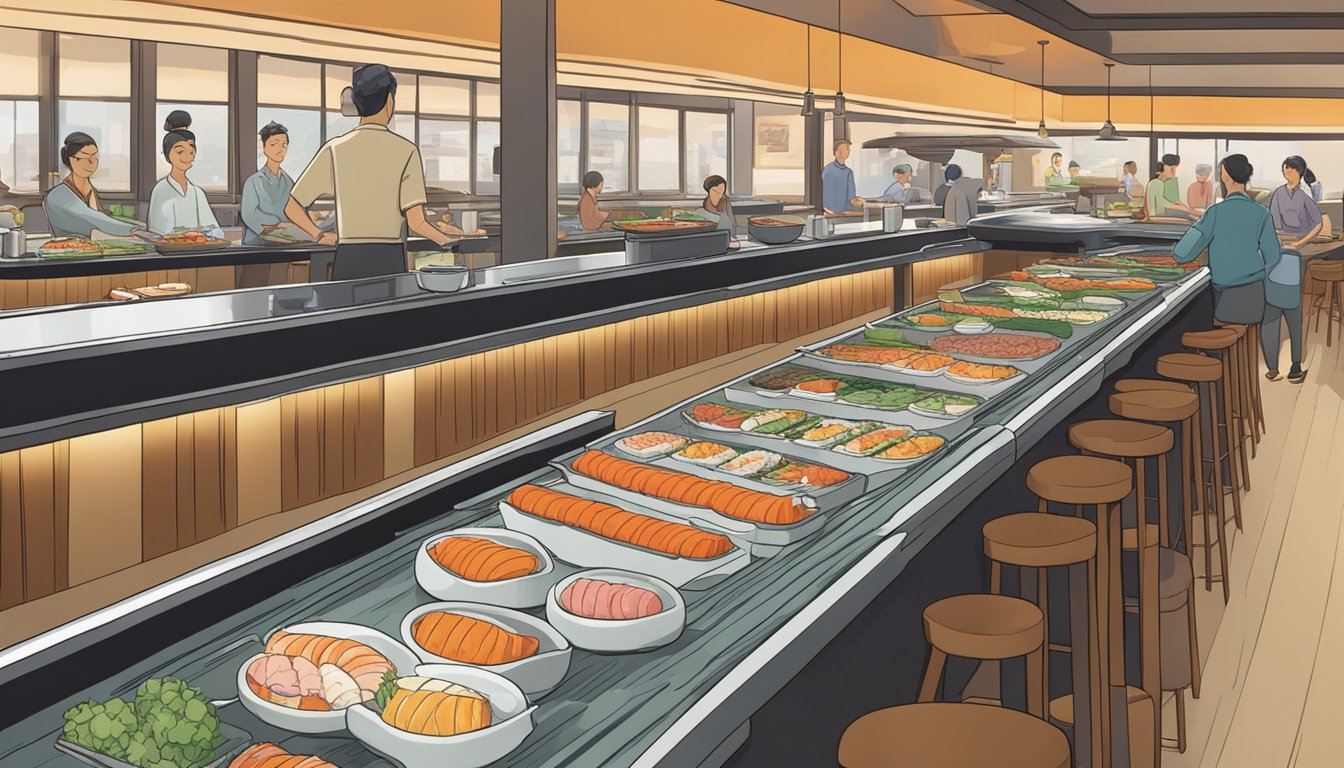 Sushi plates move along a conveyor belt in a bustling restaurant. Customers sit at a bar, selecting their favorite dishes as they pass by