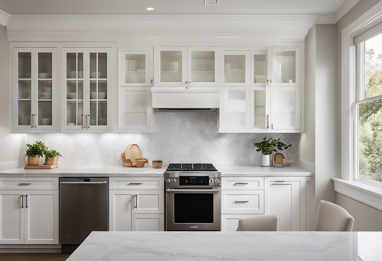A bright kitchen with white cabinets, stainless steel appliances, and marble countertops. A large window allows natural light to flood the space, creating a clean and modern aesthetic