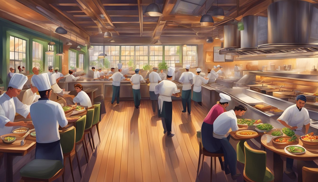 A bustling restaurant with chefs cooking in an open kitchen, diners enjoying their meals, and a vibrant atmosphere filled with the aroma of delicious food