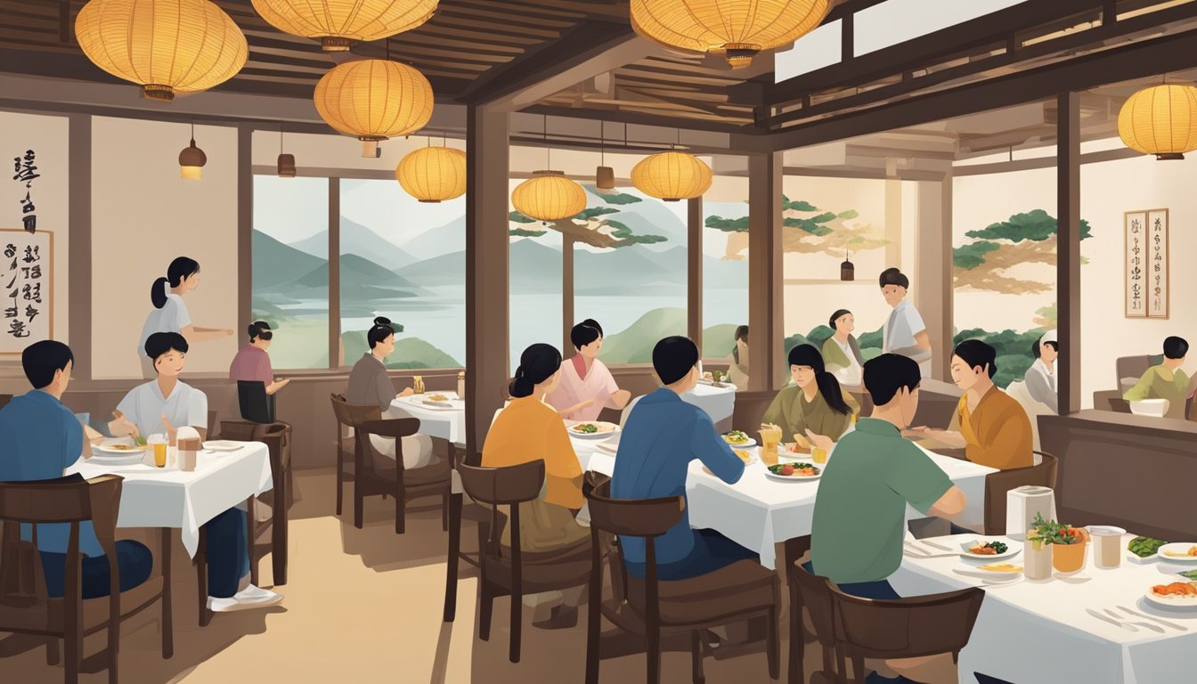 Customers sit at tables, enjoying Korean dishes. Waiters move between tables, taking orders and serving food. The restaurant is decorated with traditional Korean artwork and cultural elements