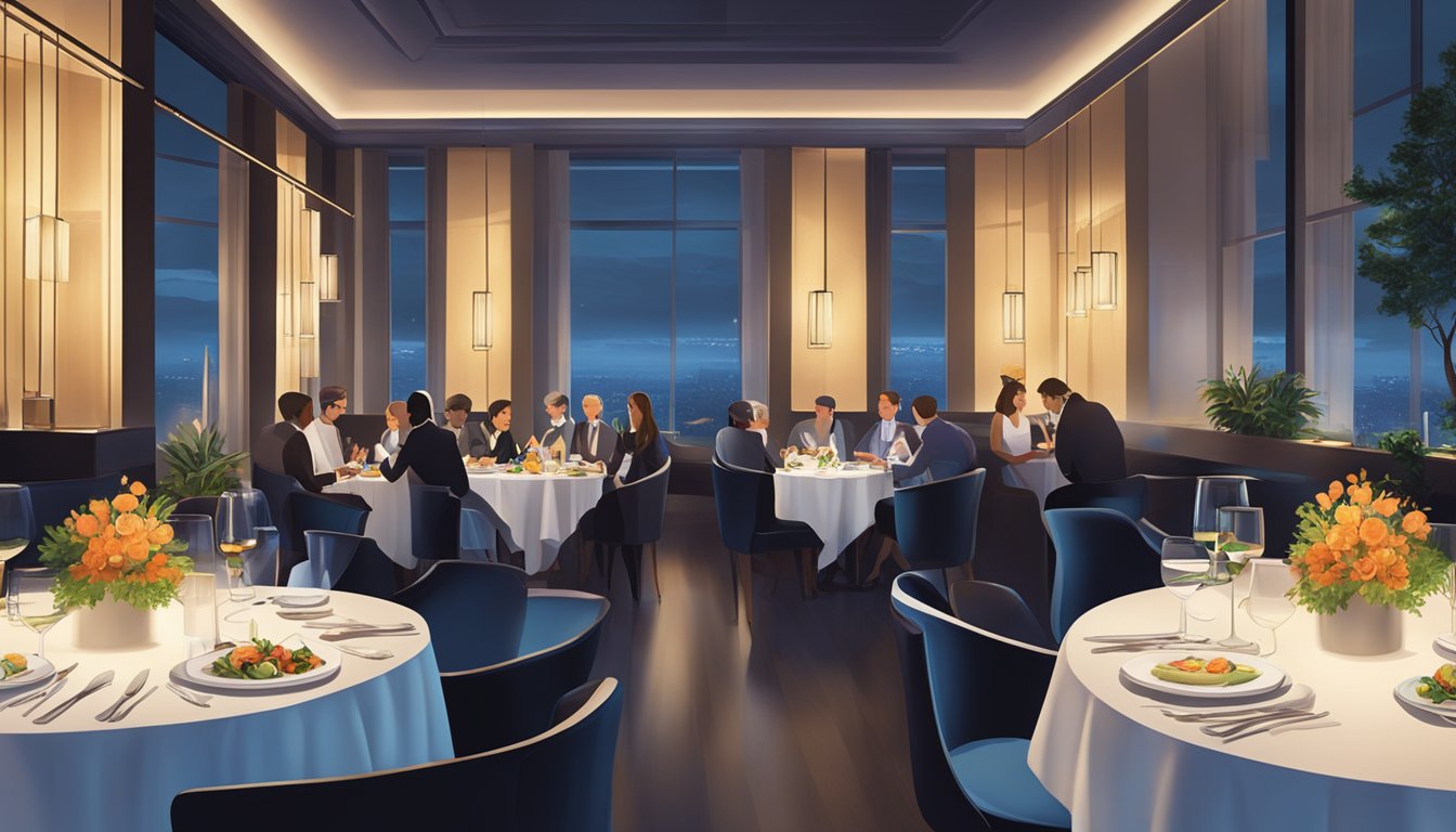 Diners savoring gourmet dishes in a modern, upscale restaurant with ambient lighting and elegant table settings