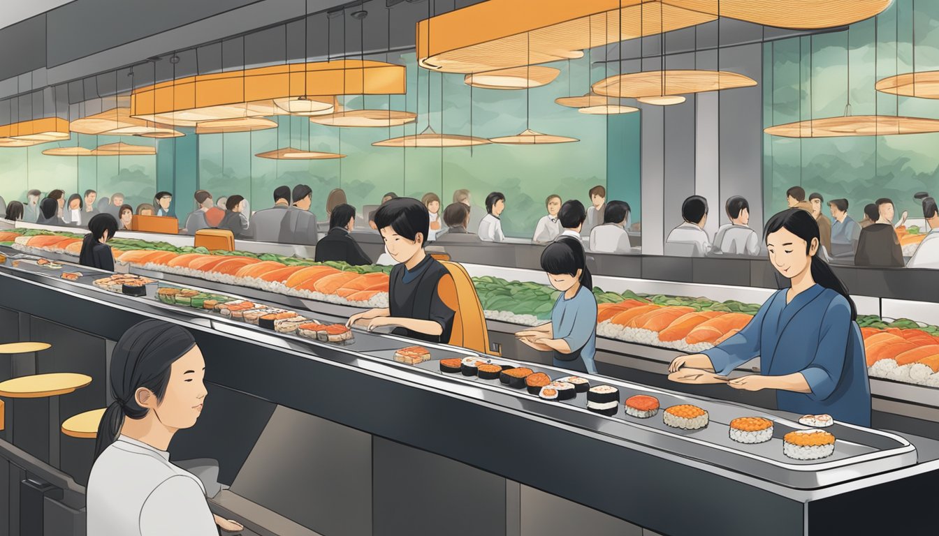 Customers seated at a conveyor belt sushi restaurant, selecting plates of sushi as they pass by on the conveyor belt