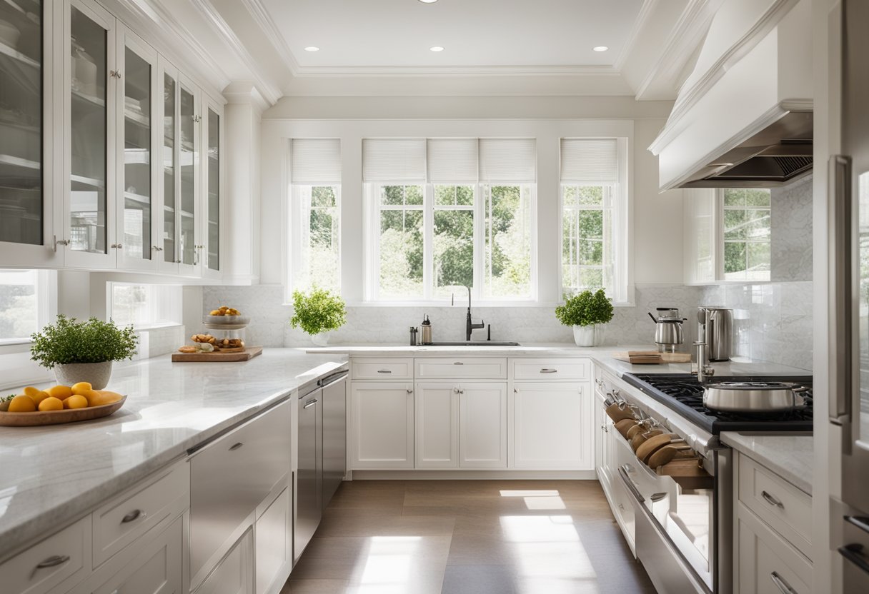 A bright, spacious kitchen with white cabinets, marble countertops, and stainless steel appliances. A large window lets in natural light, and a cozy breakfast nook sits in the corner