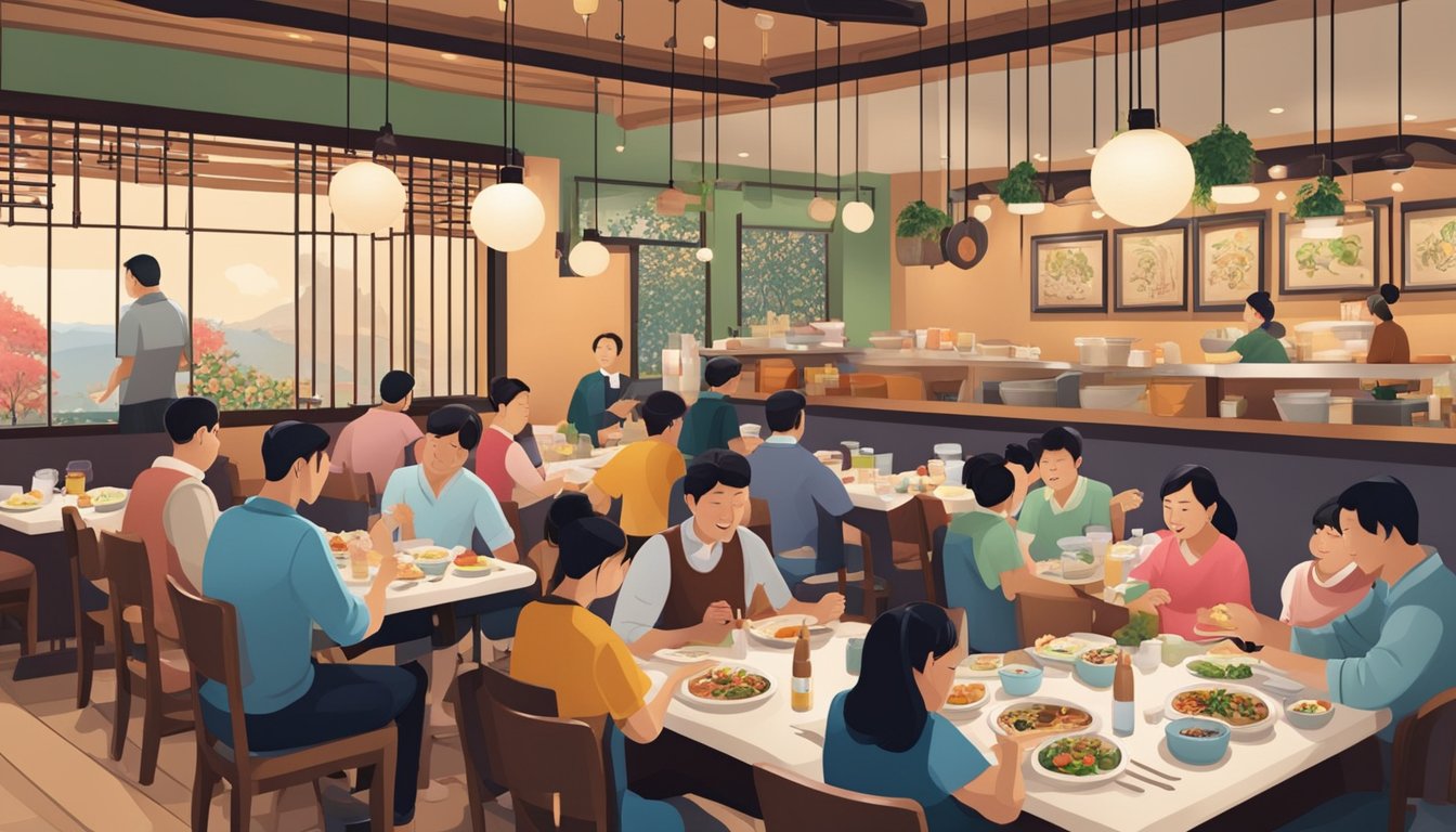 A bustling Korean restaurant with patrons enjoying meals, waitstaff serving dishes, and a vibrant atmosphere