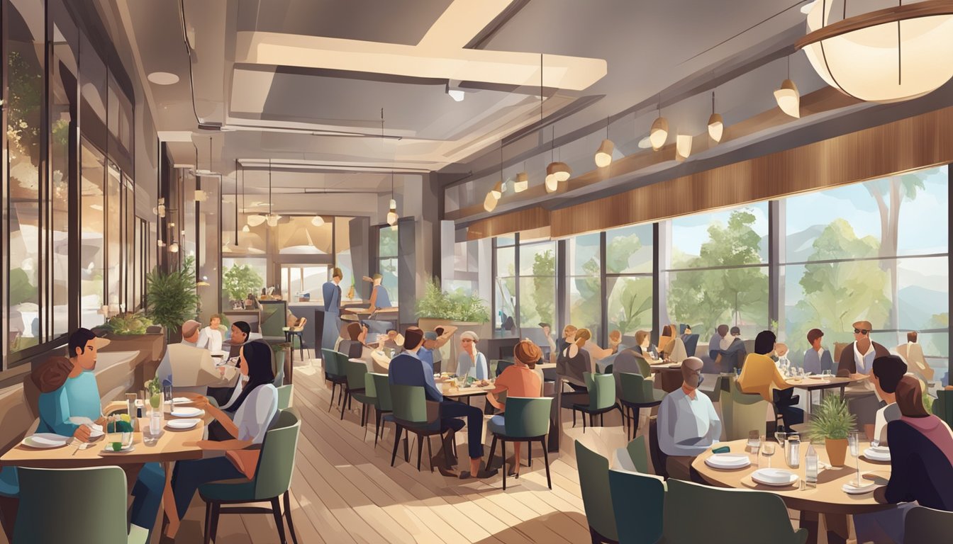 The bustling restaurant interior features a modern and inviting atmosphere, with diners enjoying their meals and staff attending to their needs
