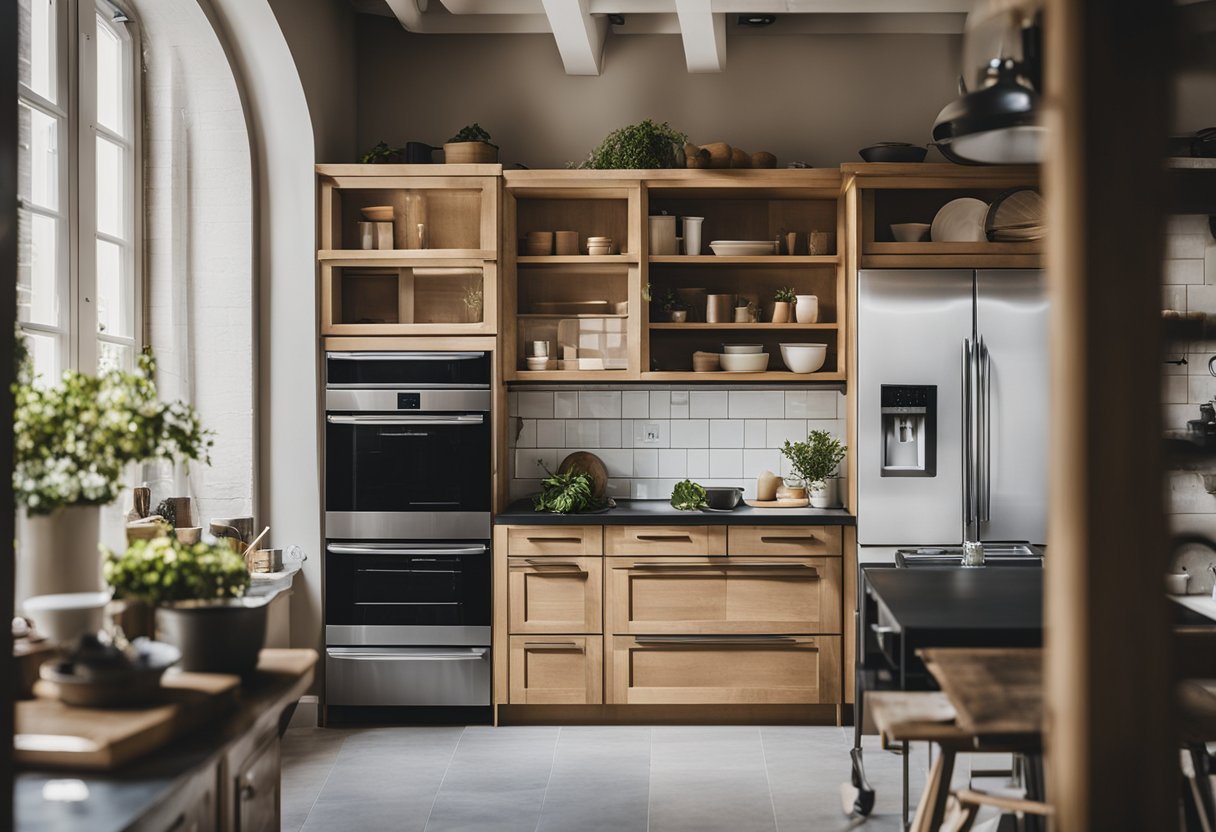 A kitchen being renovated with tools, paint, and new appliances