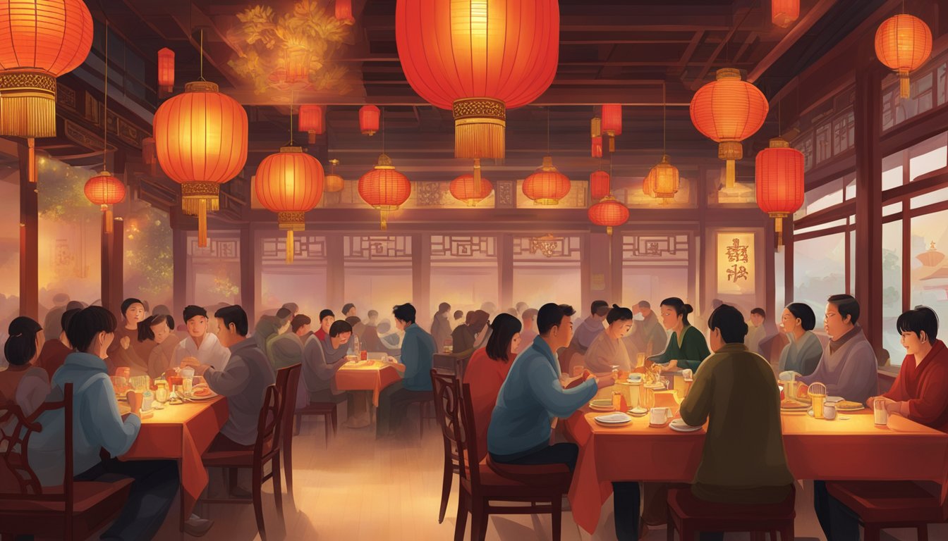The East Treasure Chinese Restaurant is bustling with diners enjoying their meals under the warm glow of hanging lanterns and intricate red and gold decor