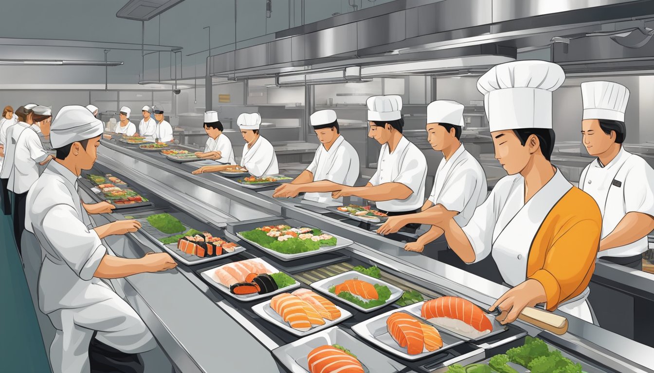 Customers' plates move along a conveyor belt, passing various sushi dishes. Chefs prepare fresh sushi behind the counter. Customers sit at the bar or tables, enjoying their meal