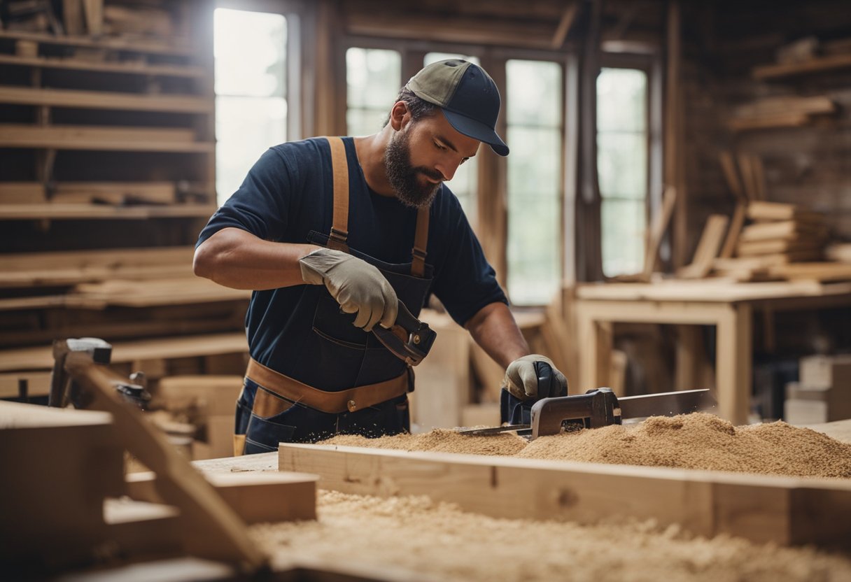 A carpenter measures and cuts wood for a renovation project, surrounded by sawdust, tools, and a workbench
