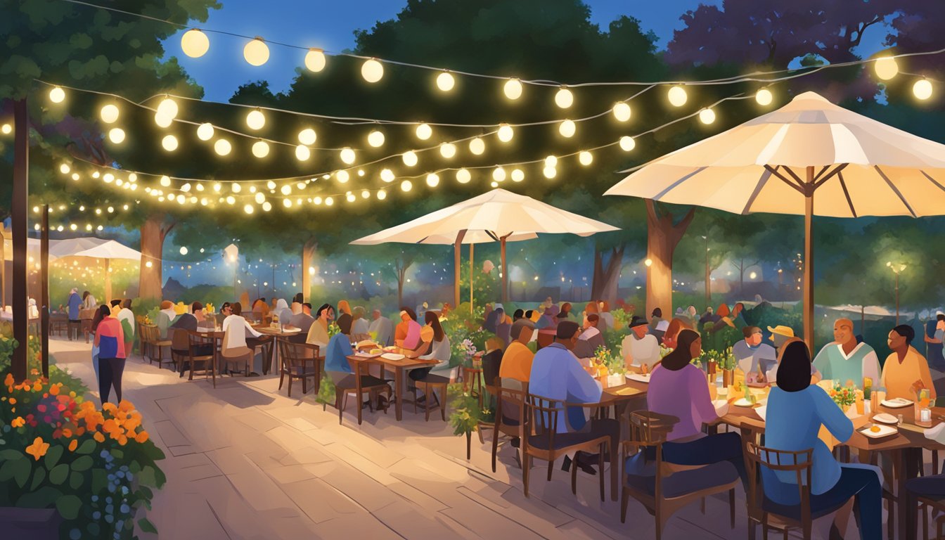 People dining under string lights at Village Park Restaurant. Outdoor seating surrounded by lush greenery and colorful flowers