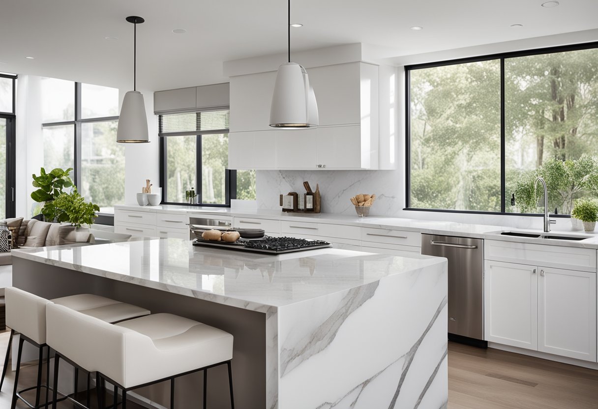 A modern kitchen with sleek white cabinets, stainless steel appliances, and marble countertops. The space is filled with natural light from large windows, creating a bright and airy atmosphere