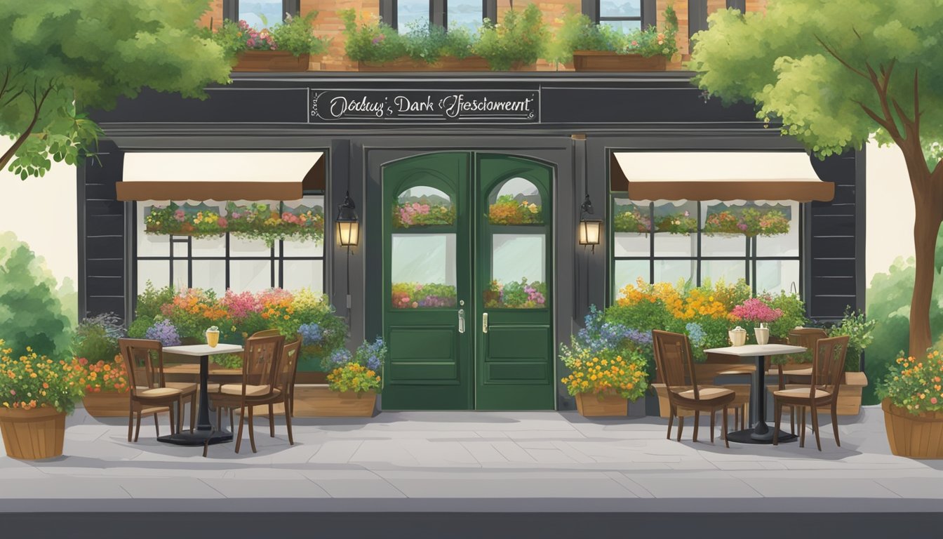 A quaint village park restaurant with outdoor seating, surrounded by lush greenery and colorful flowers. A chalkboard menu stands near the entrance, listing the day's offerings