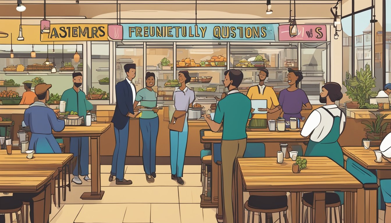 A bustling restaurant with customers lining up, waiters carrying trays of food, and a sign displaying "Frequently Asked Questions" in bold lettering