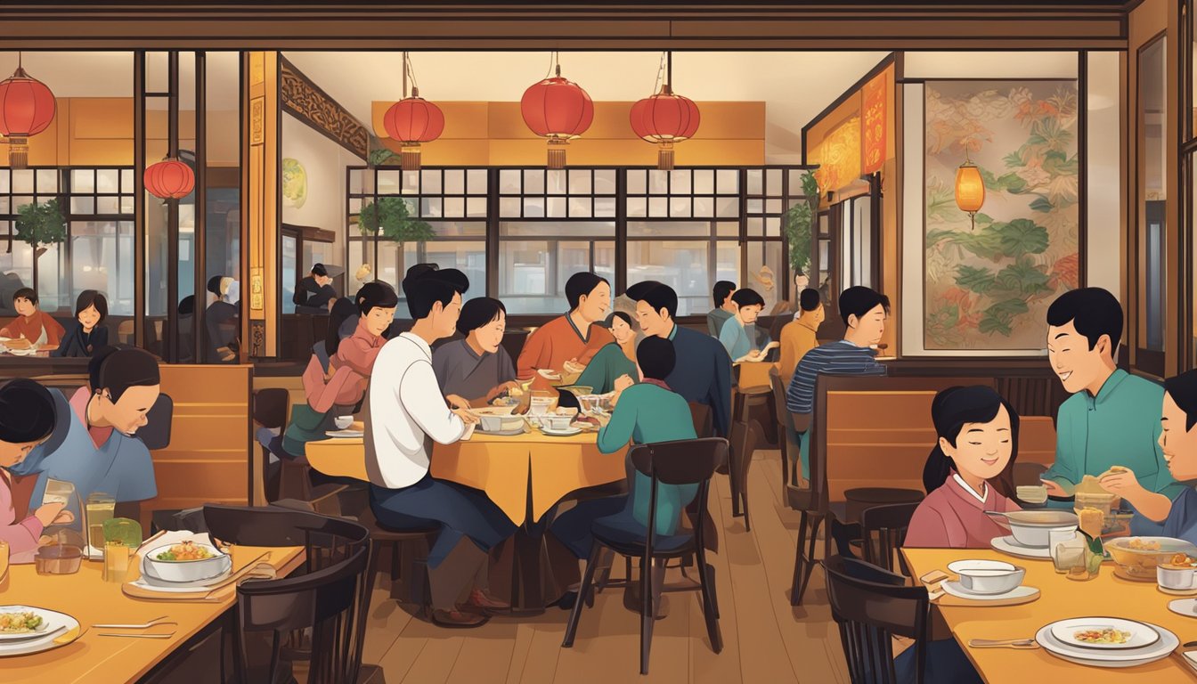 A bustling Chinese restaurant with diners enjoying their meals, waitstaff serving dishes, and a warm, inviting ambiance