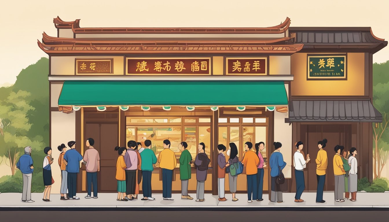 Customers line up outside "East Treasure Chinese Restaurant," eagerly awaiting their turn to indulge in the delicious cuisine. The restaurant's sign shines brightly, drawing in passersby