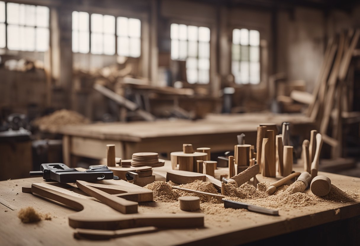 Carpentry tools and materials scattered on a workbench, sawdust on the floor, and a partially demolished wall in the background