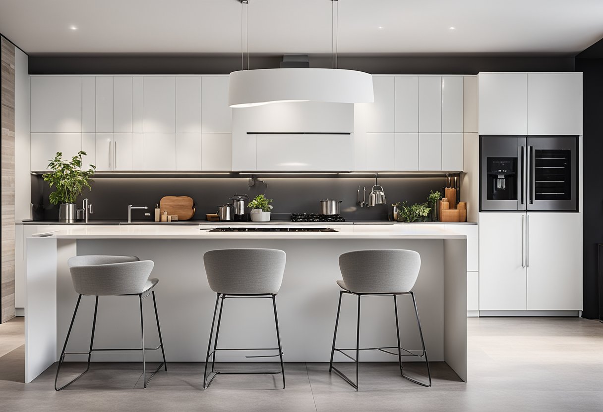 A bright, modern kitchen with sleek white cabinets, stainless steel appliances, and a spacious island. Clean lines and minimalistic design create a contemporary feel