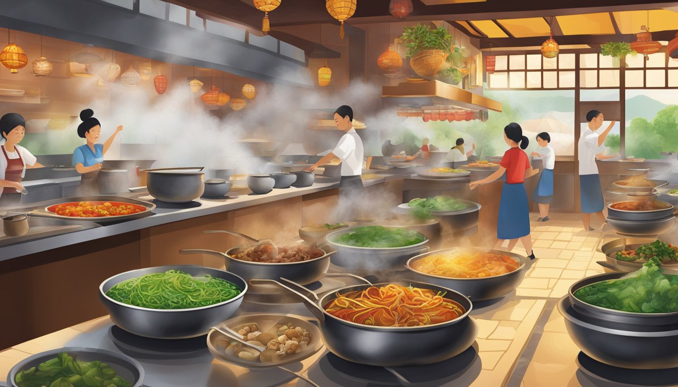 A bustling kia hiang restaurant with steaming pots, sizzling woks, and colorful ingredients lining the counters. The aroma of sizzling garlic and ginger fills the air