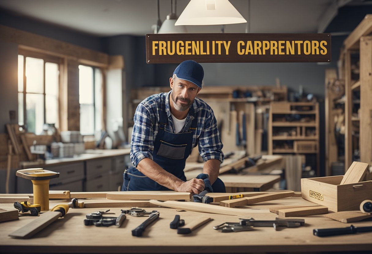 A carpenter renovating a room, surrounded by tools and materials, with a sign reading "Frequently Asked Questions carpentry renovation" in the background