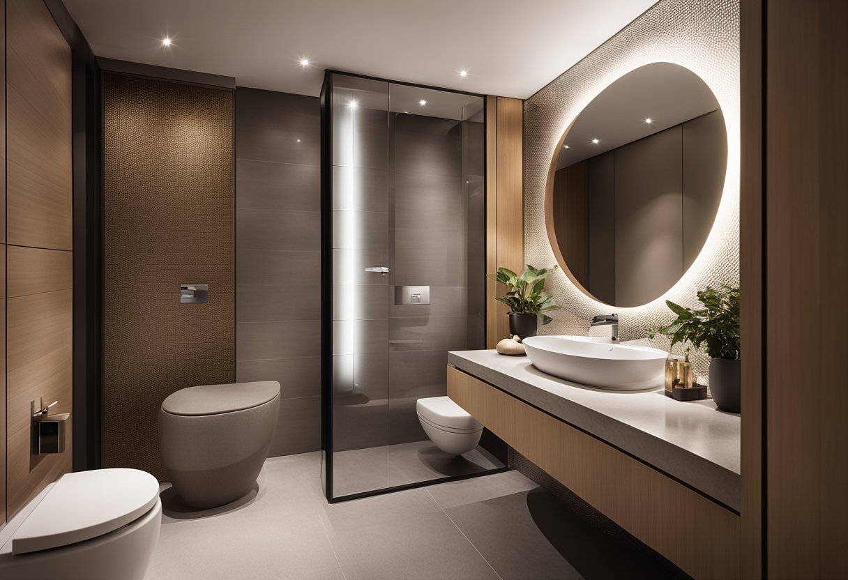 A modern spa toilet with sleek, minimalist design, featuring a wall-mounted toilet, a floating vanity, and a large mirror with soft, ambient lighting