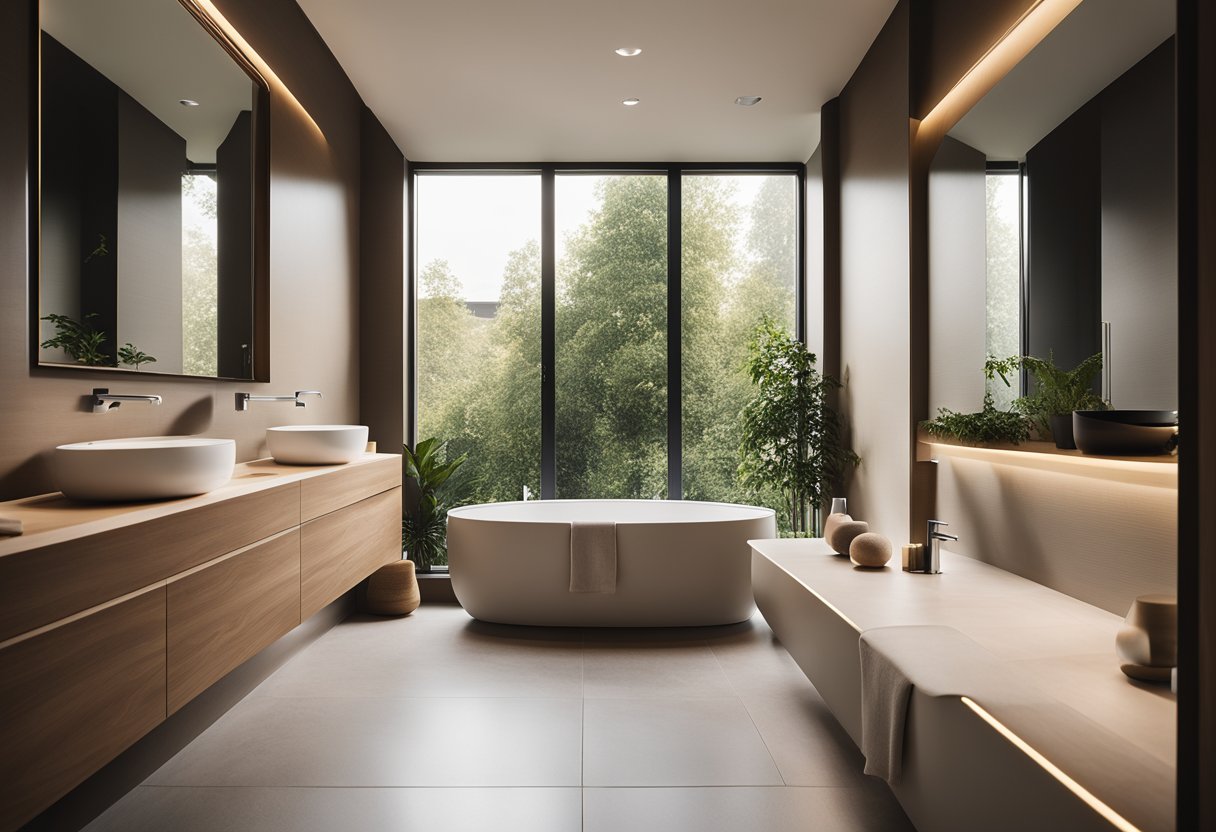 A modern spa toilet with sleek, minimalist fixtures and calming, earthy tones. Natural light streams in through large windows, illuminating the serene space