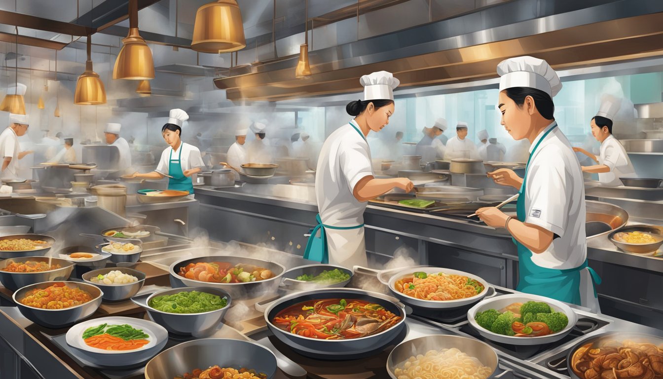The bustling kitchen of Kia Hiang restaurant, with chefs skillfully preparing traditional Chinese dishes amidst the sizzle of woks and the aroma of aromatic spices