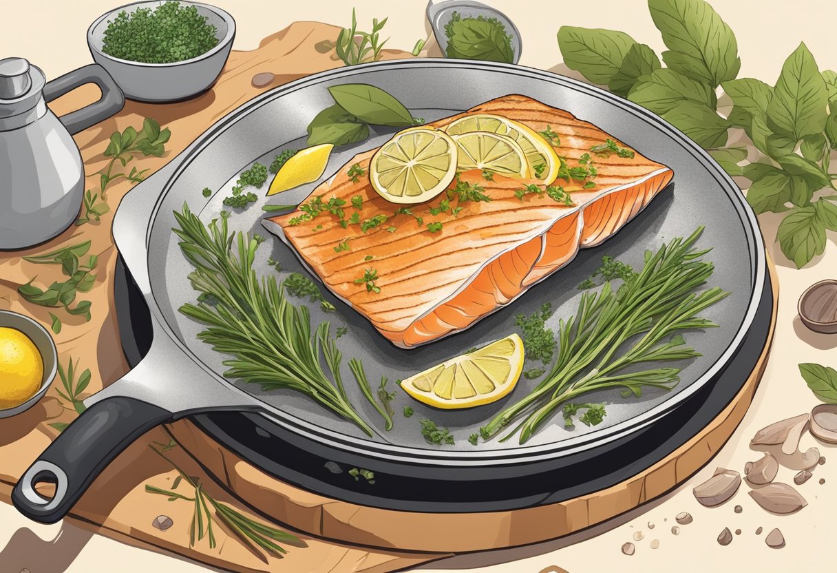A fish fillet being seasoned with herbs and spices, then placed on a sizzling hot pan. Lemon wedges and fresh herbs are arranged nearby